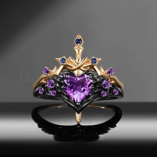 'Pierced Heart' - Gothic Inspired Natural Amethyst Heart Sword Ring Two-Tone Bridal Set