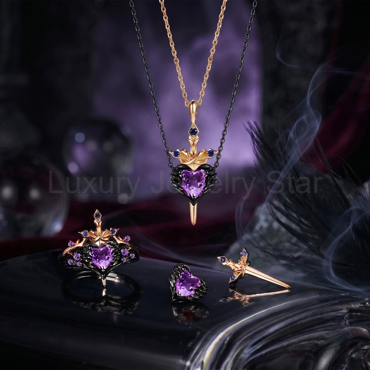 'Pierced Heart' - Gothic Inspired Natural Amethyst Heart Sword Ring Two-Tone Bridal Set - image 2