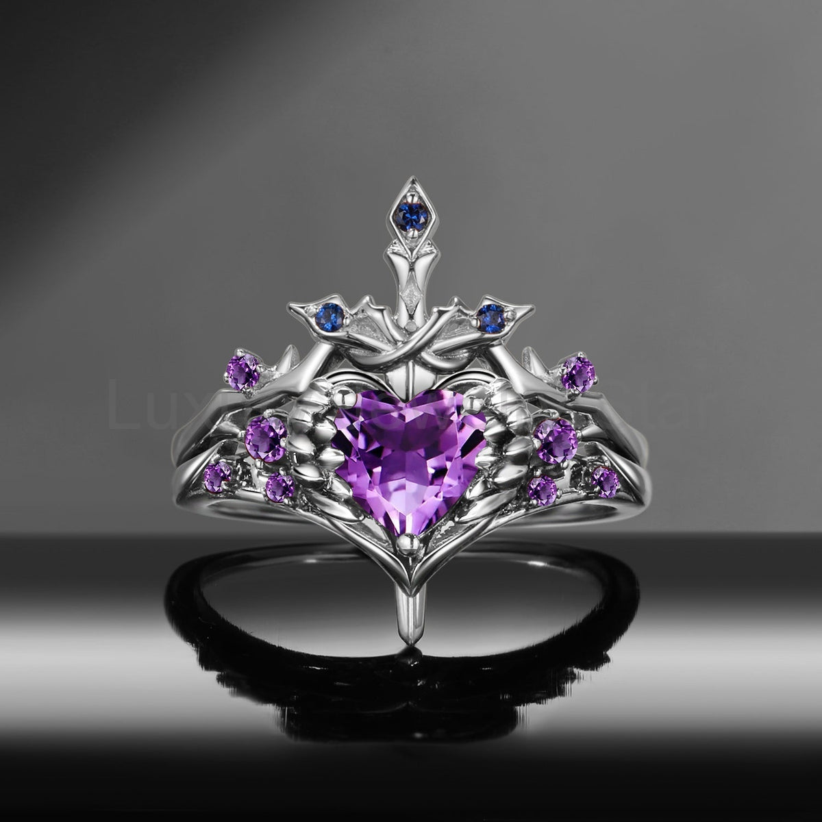 'Pierced Heart' - Gothic Inspired Natural Amethyst Heart Sword Ring Two-Tone Bridal Set - image 4