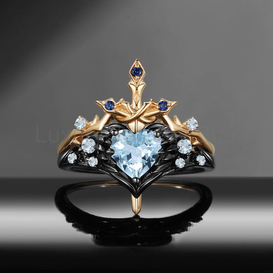 'Pierced Heart' - Gothic Inspired Natural Aquamarine Heart Sword Ring Two-Tone Bridal Set