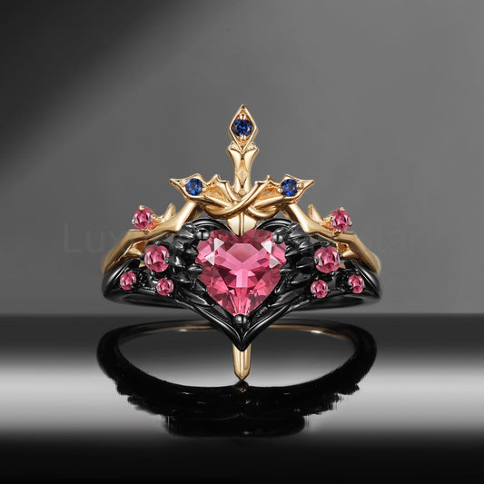 'Pierced Heart' - Gothic Inspired Natural Pink Tourmaline Heart Sword Ring Two-Tone Bridal Set