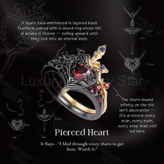 'Pierced Heart' - Gothic Inspired Natural Pink Tourmaline Heart Sword Ring Two-Tone Bridal - image 2