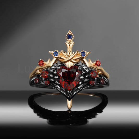 'Pierced Heart' - Gothic Style Garnet Heart Sword Ring Two-Tone Bridal Set 2pcs - image 2