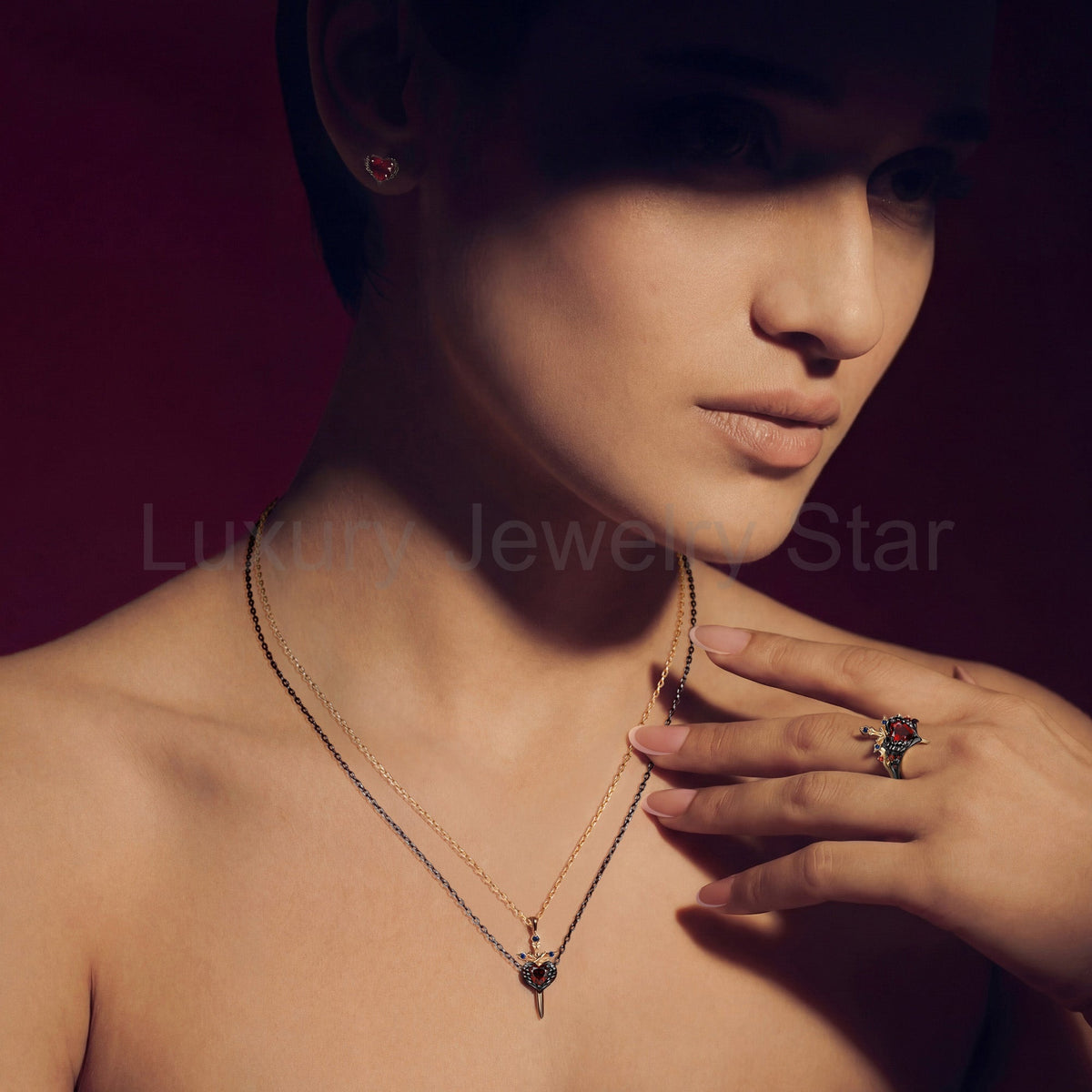 'Pierced Heart' - Gothic Style Garnet Heart Sword Ring Two-Tone Bridal Set 2pcs - image 4