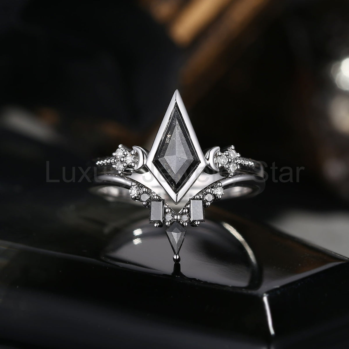'Pure Moon' - Art-Deco Bezel Kite Cut Salt & Pepper Diamond Crescent Moon Engagement Ring Set