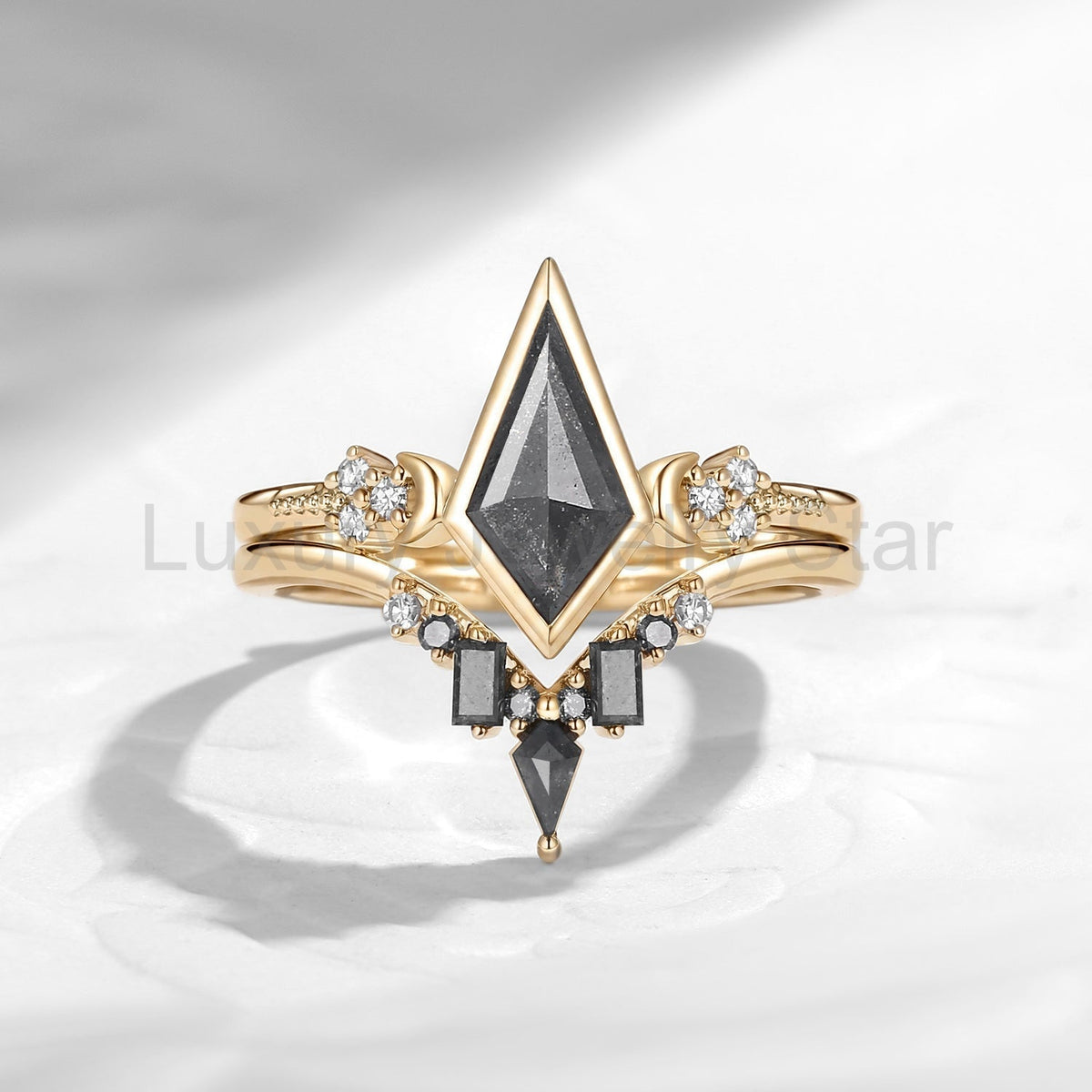 'Pure Moon' - Art-Deco Bezel Kite Cut Salt & Pepper Diamond Crescent Moon Engagement Ring - image 4