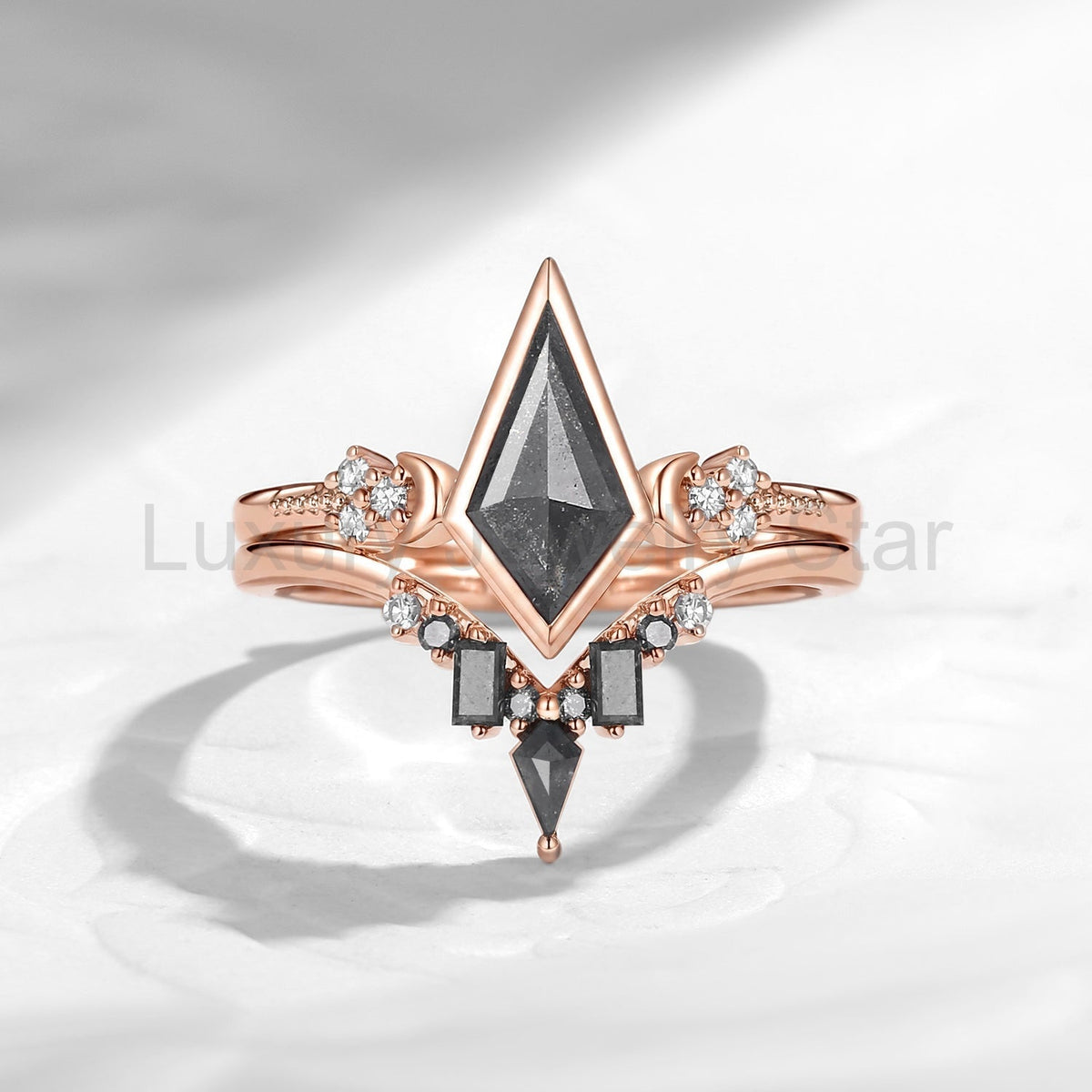 'Pure Moon' - Art-Deco Bezel Kite Cut Salt & Pepper Diamond Crescent Moon Engagement Ring - image 5