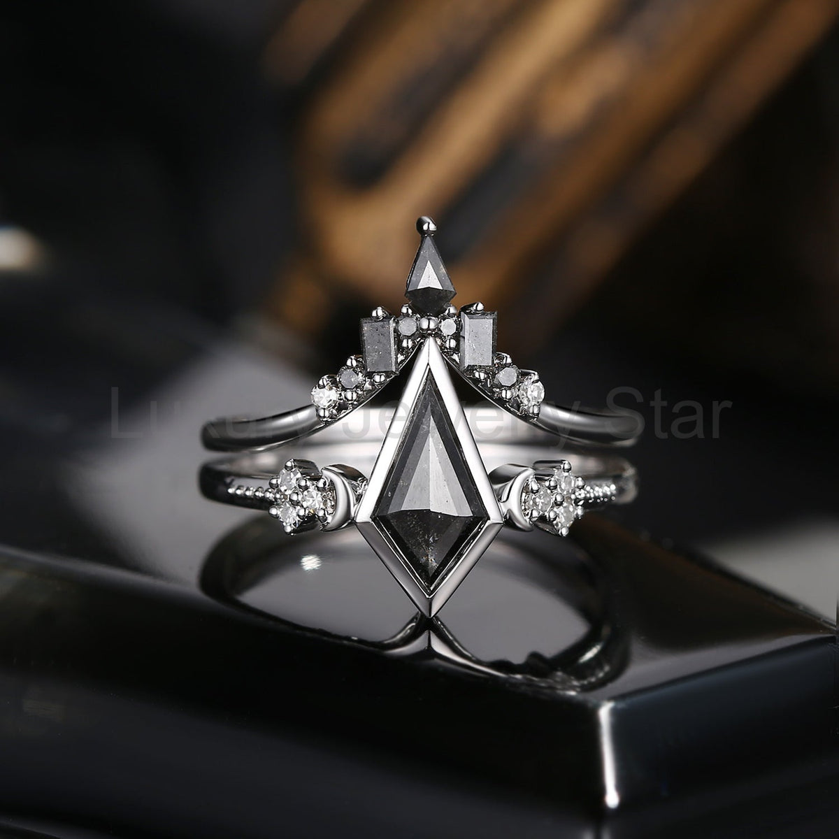 'Pure Moon' - Art-Deco Bezel Kite Cut Salt & Pepper Diamond Crescent Moon Engagement Ring - image 6