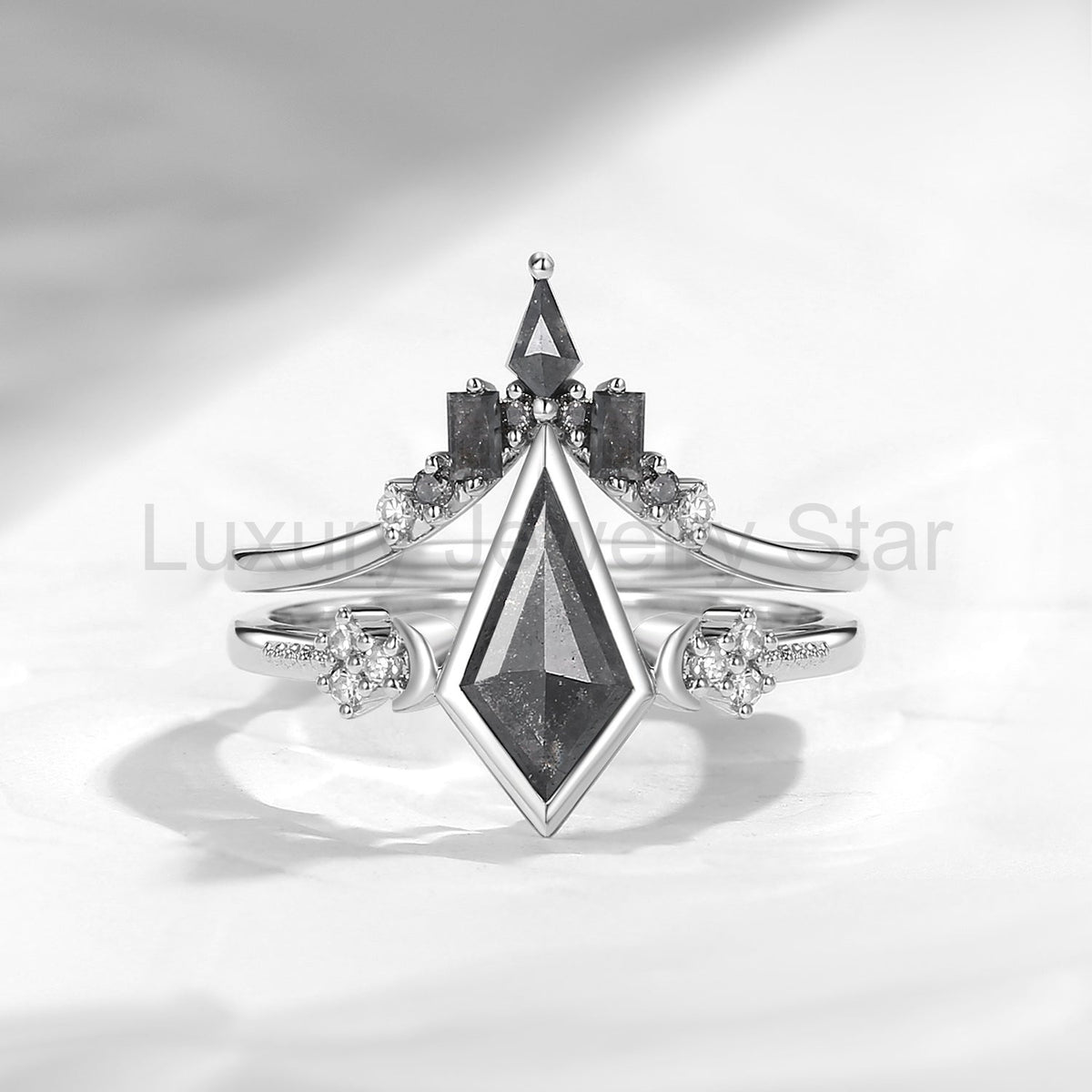 'Pure Moon' - Art-Deco Bezel Kite Cut Salt & Pepper Diamond Crescent Moon Engagement Ring - image 7