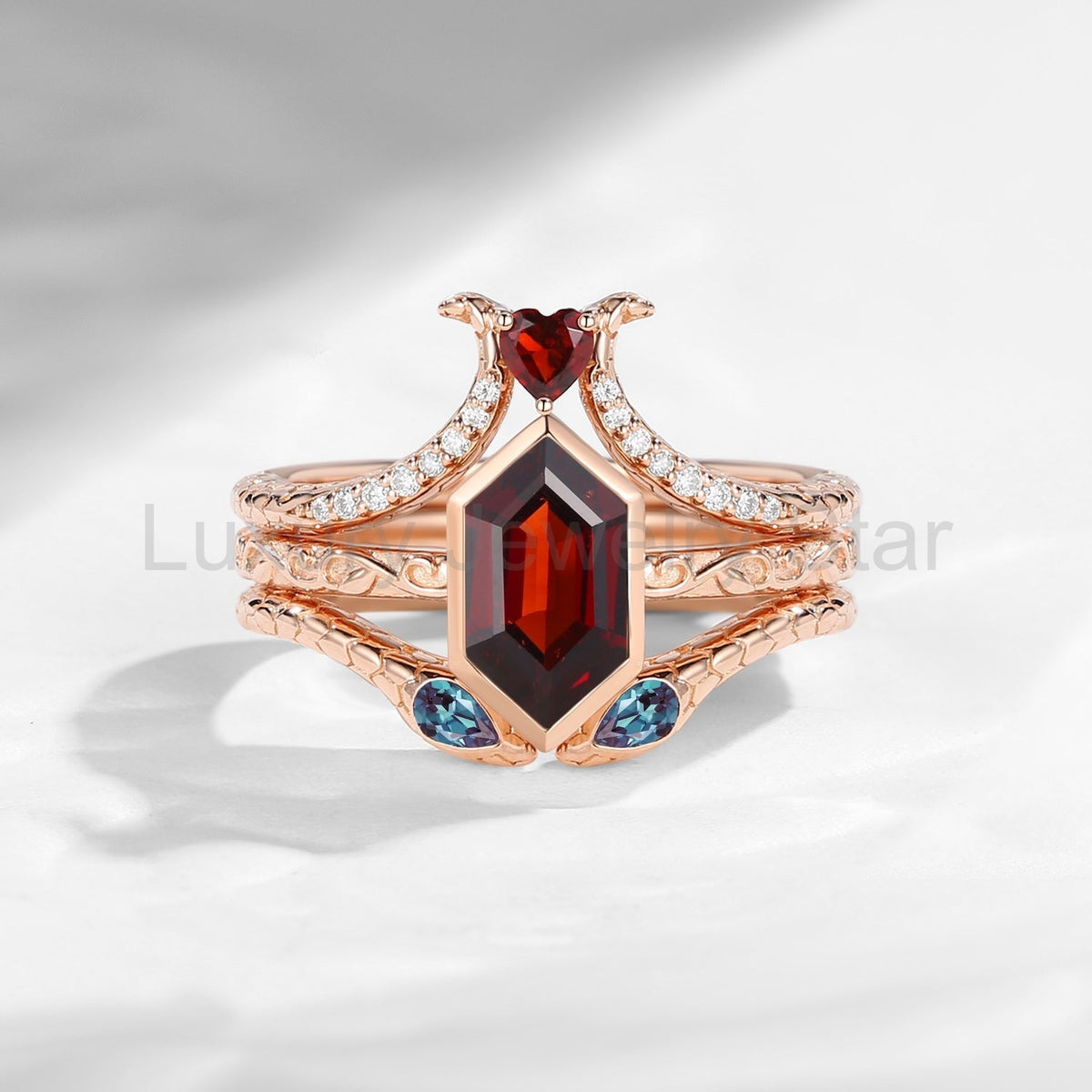 'Serpent's Allure' - Long Hexagon Cut Garnet Vintage Bezel Engagement Ring Set 3pcs