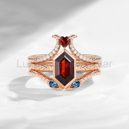 'Serpent's Allure' - Long Hexagon Cut Garnet Vintage Bezel Engagement Ring Set 3pcs