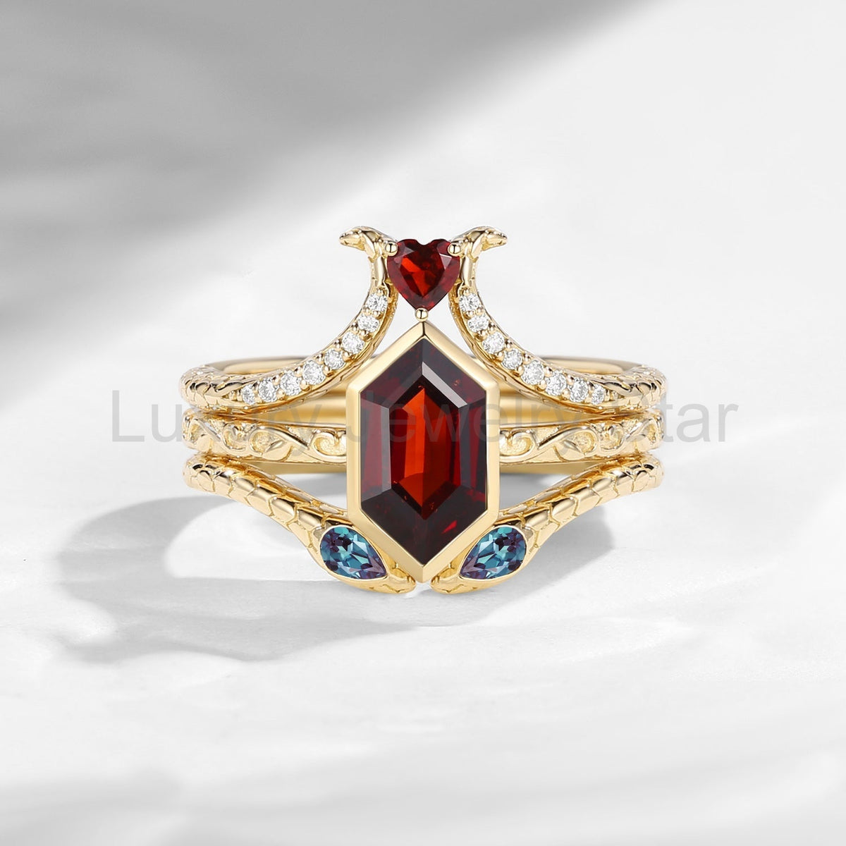 'Serpent's Allure' - Long Hexagon Cut Garnet Vintage Bezel Engagement Ring Set 3pcs - image 3