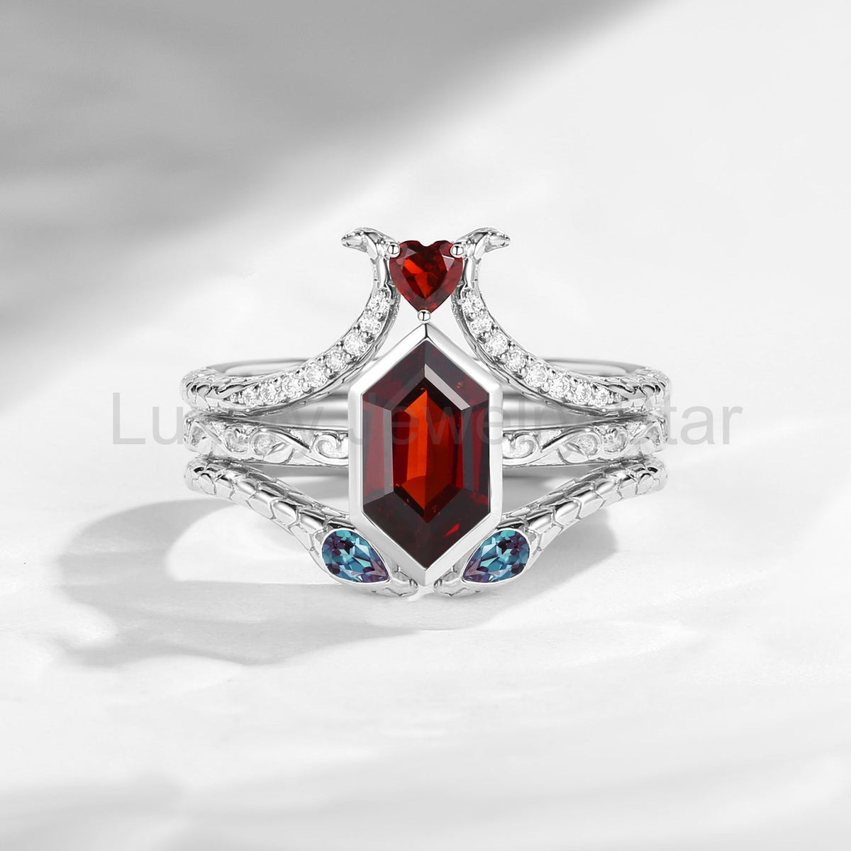 'Serpent's Allure' - Long Hexagon Cut Garnet Vintage Bezel Engagement Ring Set 3pcs - image 4