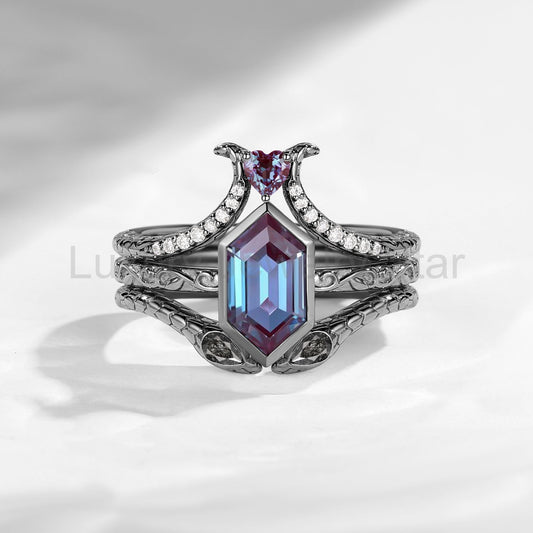 'Serpent's Allure' - Long Hexagon Cut Lab Alexandrite Vintage Bezel Engagement Ring Set 3pcs