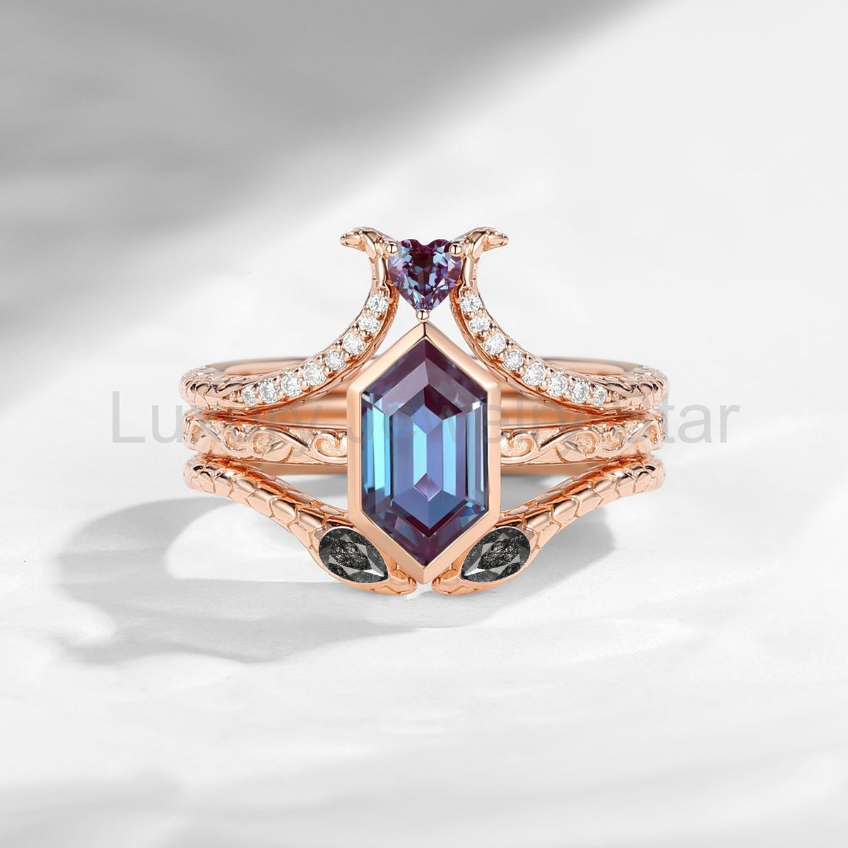 'Serpent's Allure' - Long Hexagon Cut Lab Alexandrite Vintage Bezel Engagement Ring Set - image 3