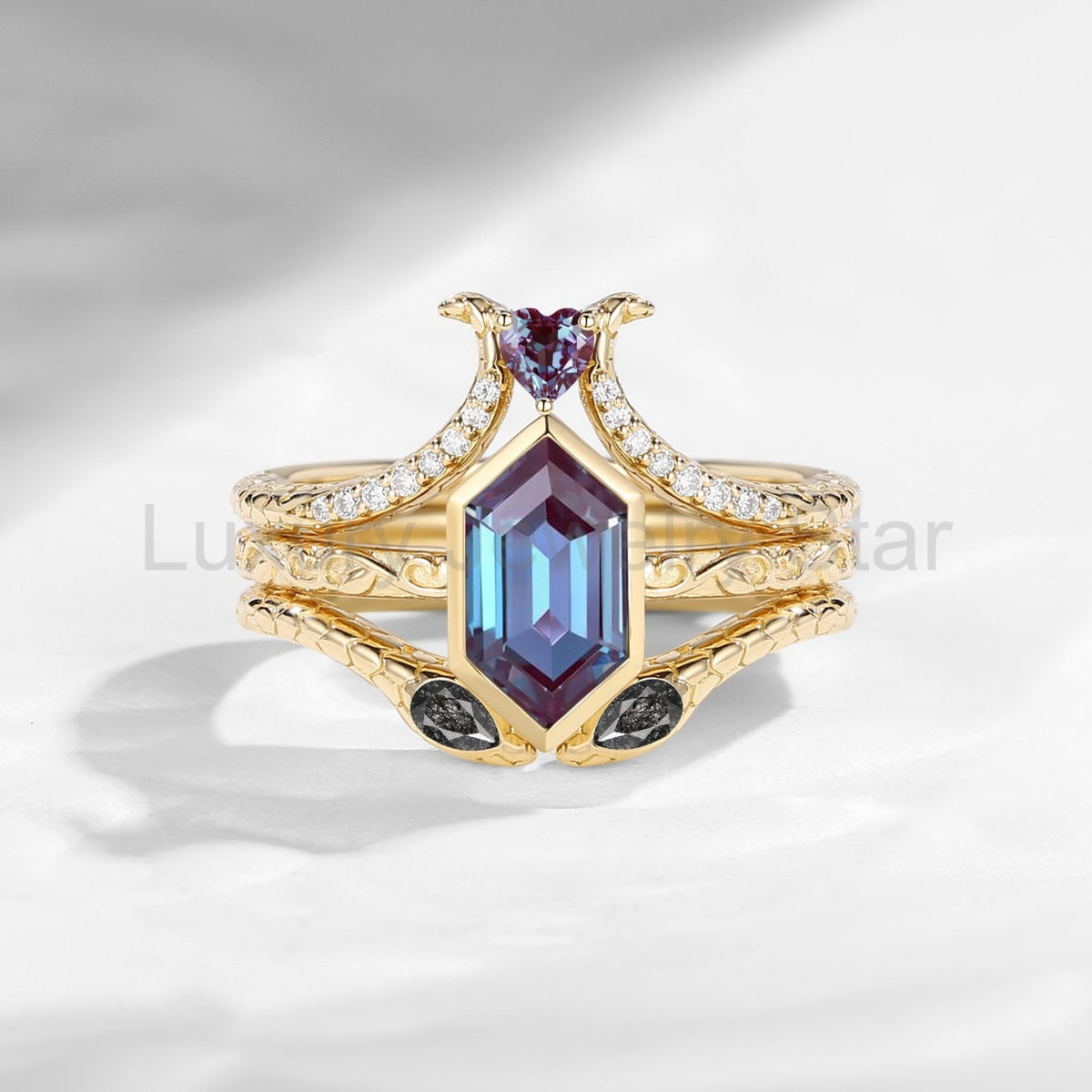 'Serpent's Allure' - Long Hexagon Cut Lab Alexandrite Vintage Bezel Engagement Ring Set - image 4