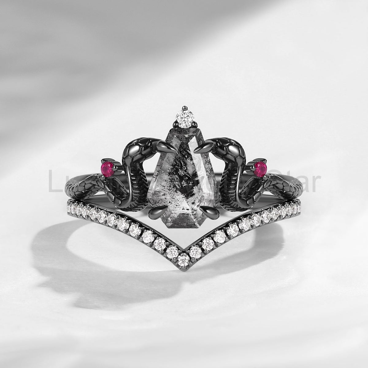 'Serpent's Embrace' - Gothic Style Coffin Cut Herkimer Diamond Snake Inspired Engagement Ring Bridal
