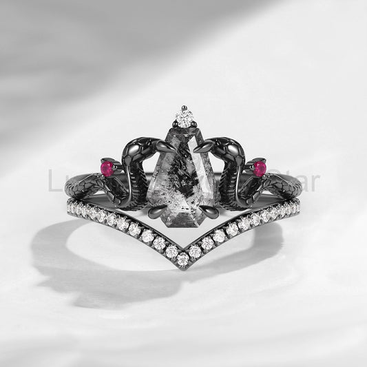 'Serpent's Embrace' - Gothic Style Coffin Cut Herkimer Diamond Snake Inspired Engagement Ring Bridal
