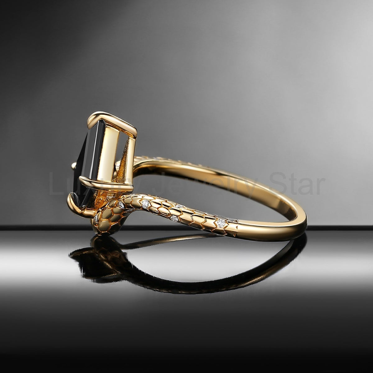 'Serpent's Embrace'- Snake Textured Kite Cut Black Moissanite Engagement Ring - image 6