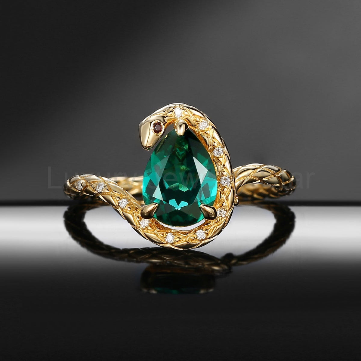 'Serpent's Embrace'- Unique Twist Pear Cut Lab Emerald Engagement Ring