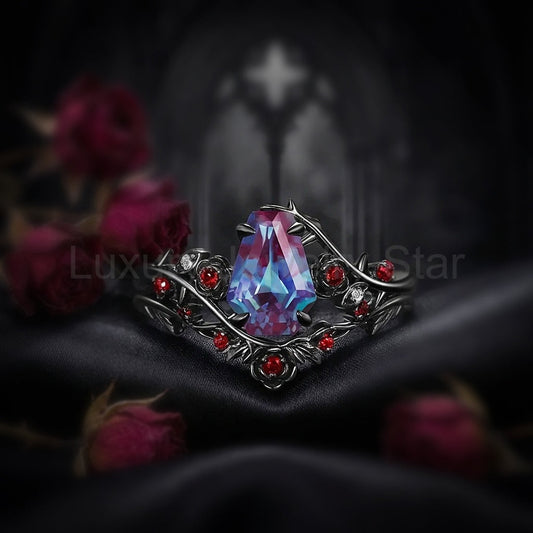 'The Fine Print' - Nature Inspired Coffin Cut Lab Alexandrite Thorns & Roses Bridal Set with Twisted