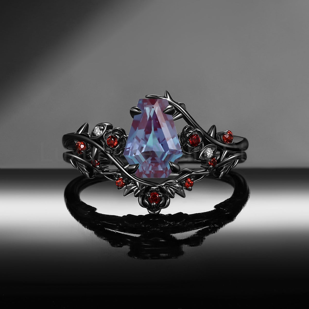 'The Fine Print' - Nature Inspired Coffin Cut Lab Alexandrite Thorns & Roses Bridal Set - image 3