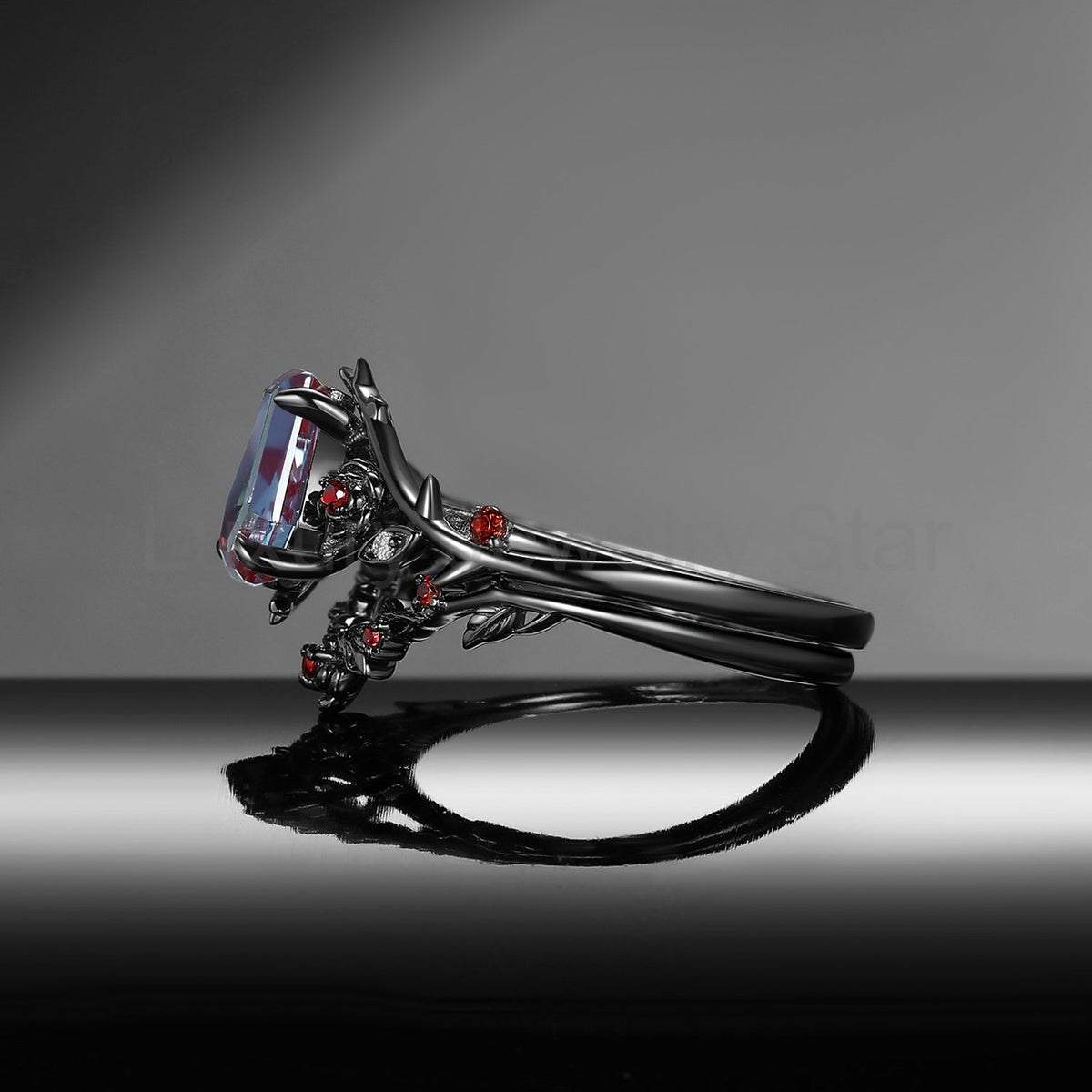 'The Fine Print' - Nature Inspired Coffin Cut Lab Alexandrite Thorns & Roses Bridal Set - image 8