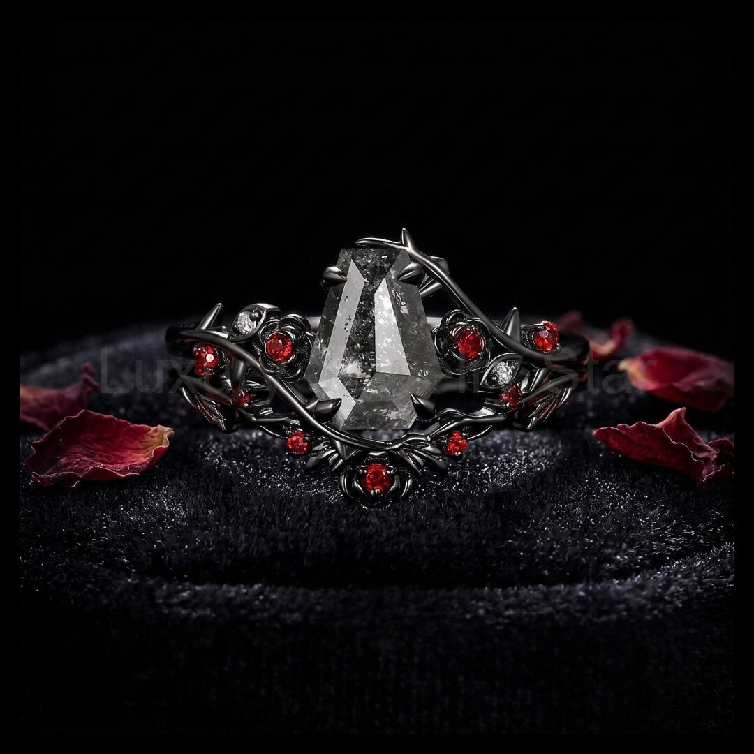 'The Fine Print' - Nature Inspired Coffin Salt & Pepper Diamond Thorns & Roses Bridal Set with