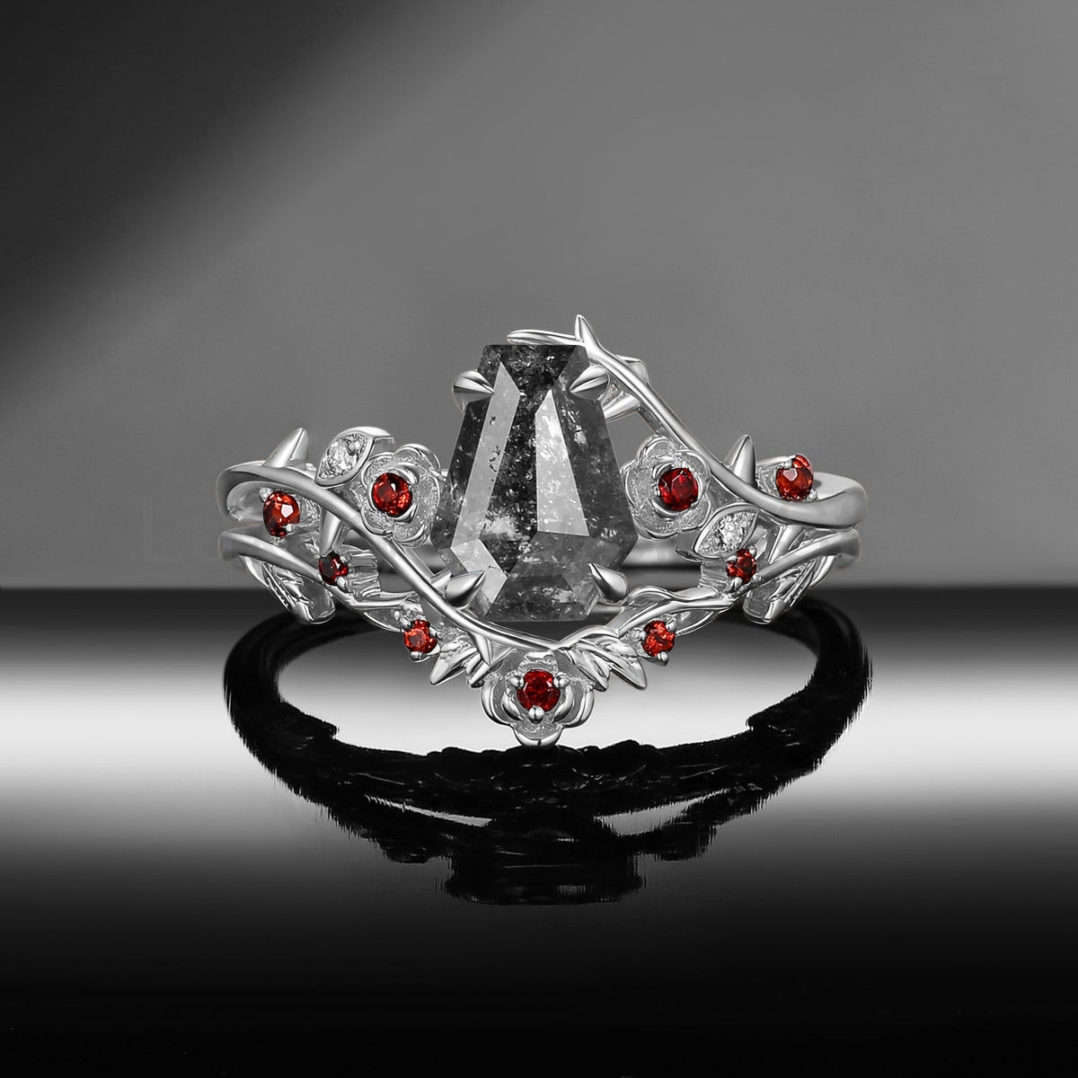 'The Fine Print' - Nature Inspired Coffin Salt & Pepper Diamond Thorns & Roses Bridal Set - image 4