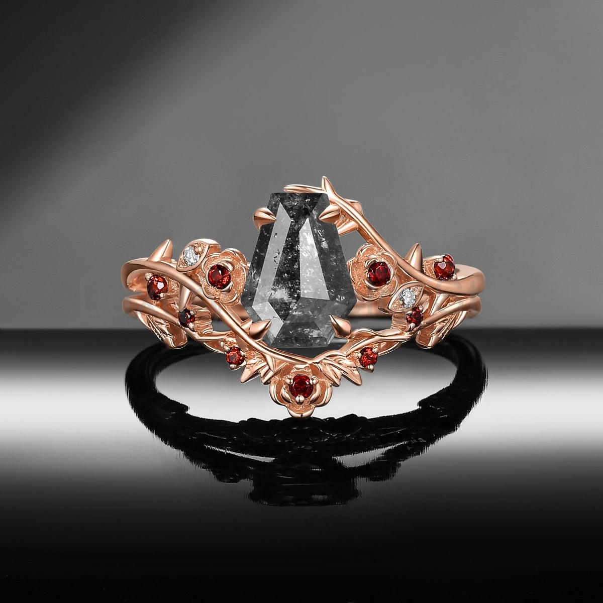 'The Fine Print' - Nature Inspired Coffin Salt & Pepper Diamond Thorns & Roses Bridal Set - image 5