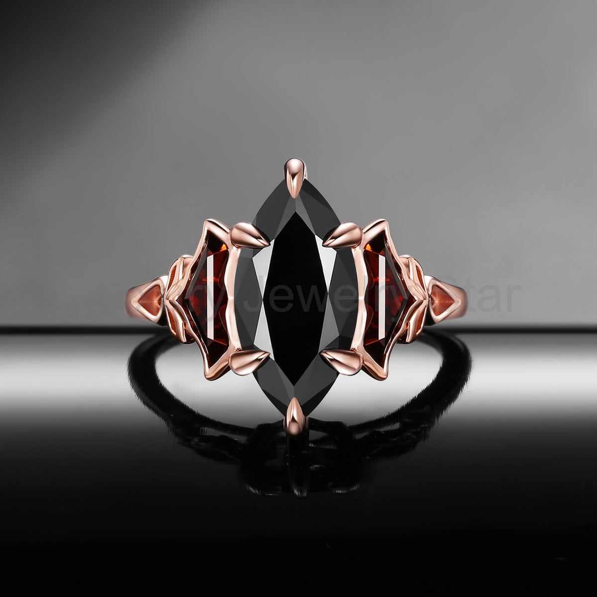 'The Winged Guardian' - Gothic Marquise Cut Black Moissanite Engagement Ring with Bat Wing Shaped