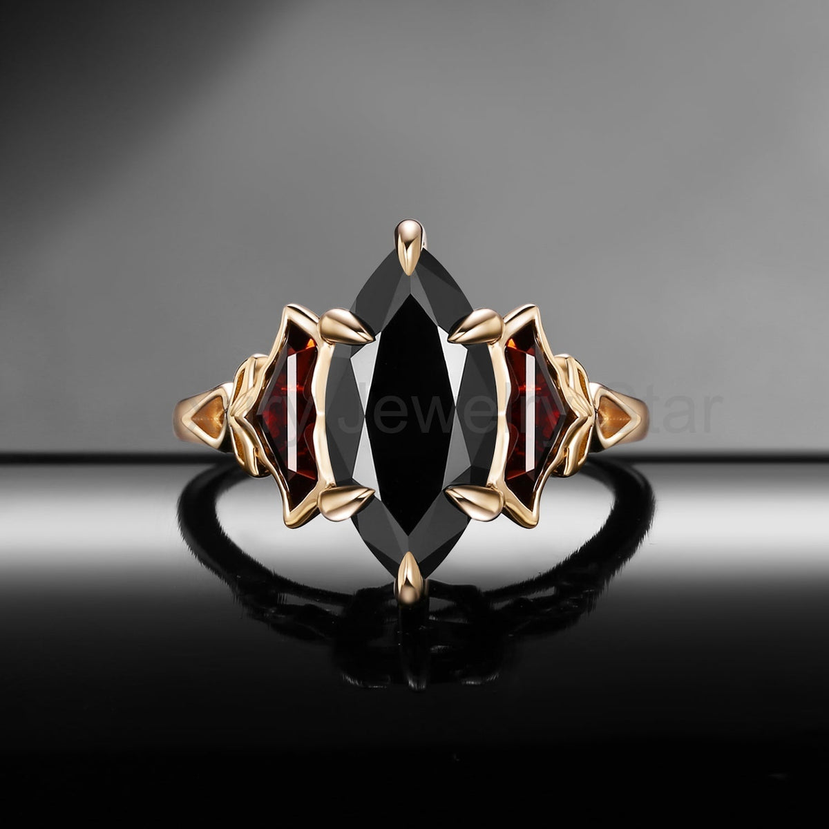 'The Winged Guardian' - Gothic Marquise Cut Black Moissanite Engagement Ring with Bat Wing - image 4