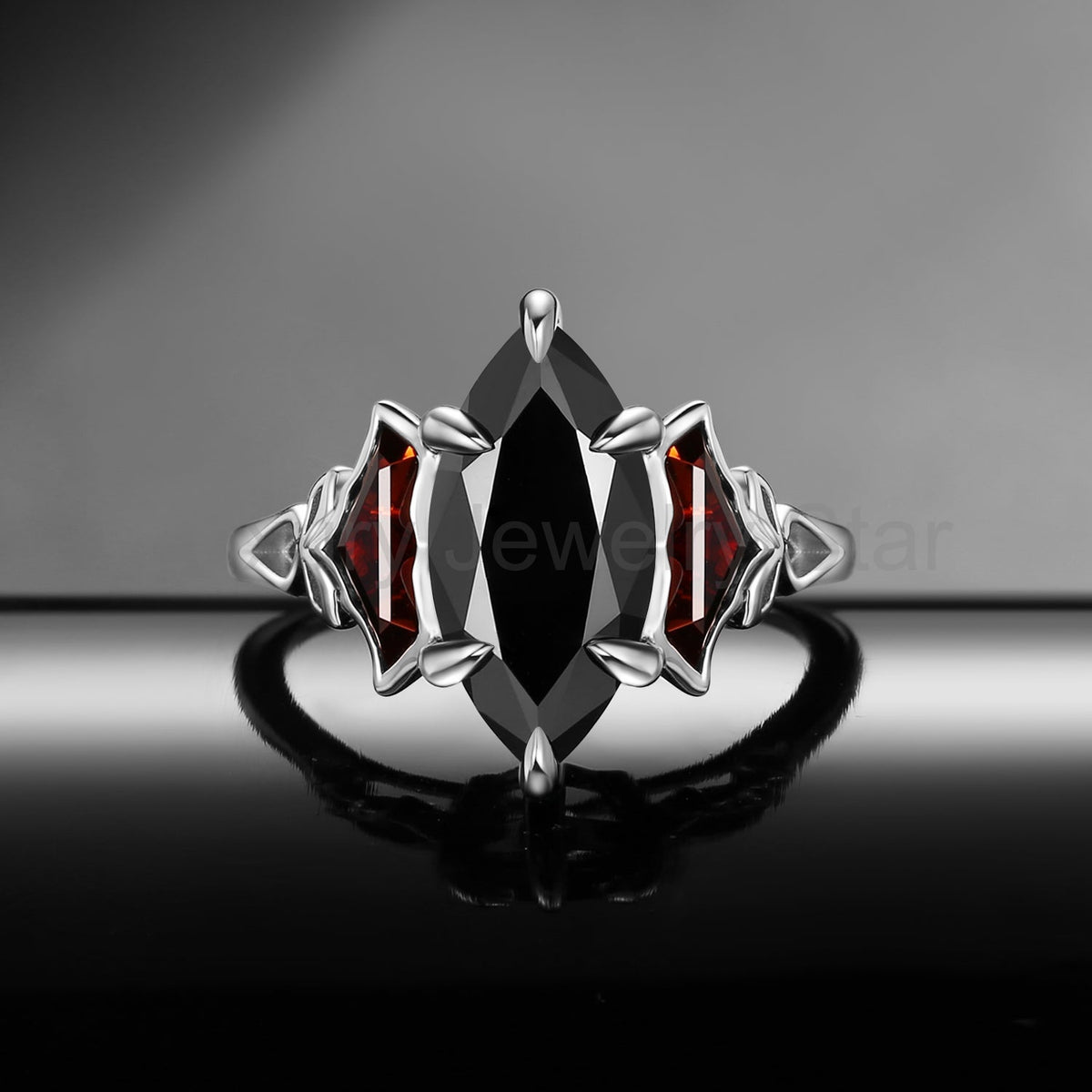 'The Winged Guardian' - Gothic Marquise Cut Black Moissanite Engagement Ring with Bat Wing - image 5