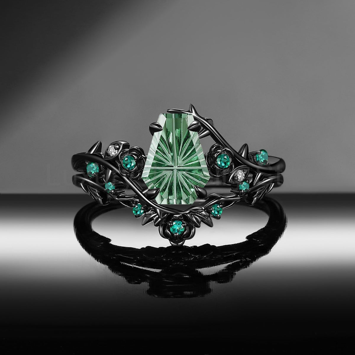 'Thorns & Roses' - Gothic Nature Inspired Fantasy Carved Coffin Lab Green Sapphire Engagement Ring