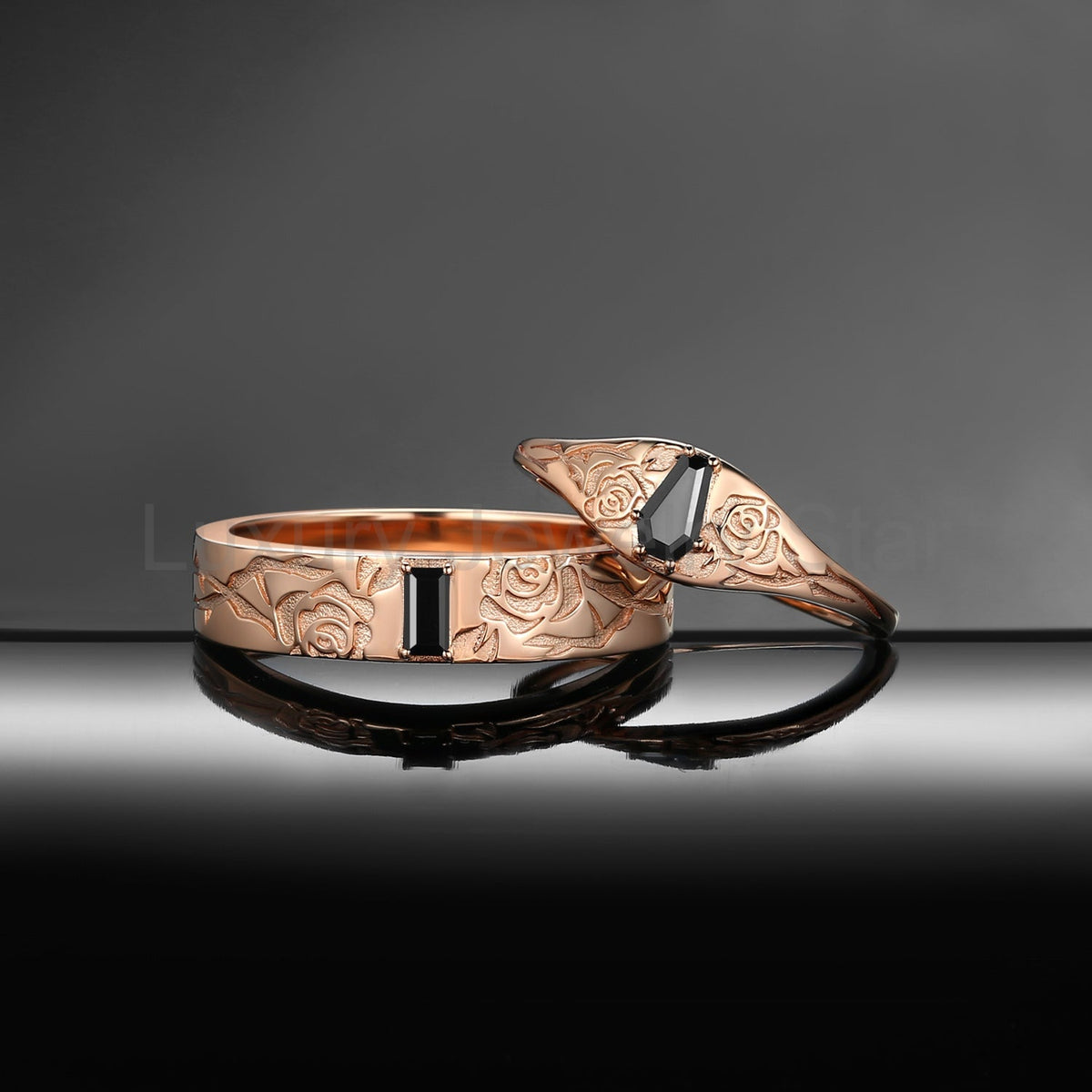 'Thorns & Roses'- Nature Inspired Gothic Coffin Cut & Rectangular Cut Black Moissanite Couple Rings