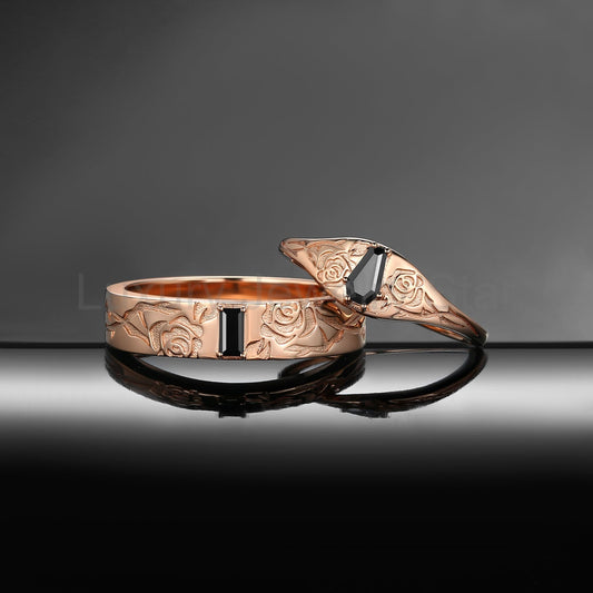 'Thorns & Roses'- Nature Inspired Gothic Coffin Cut & Rectangular Cut Black Moissanite Couple Rings