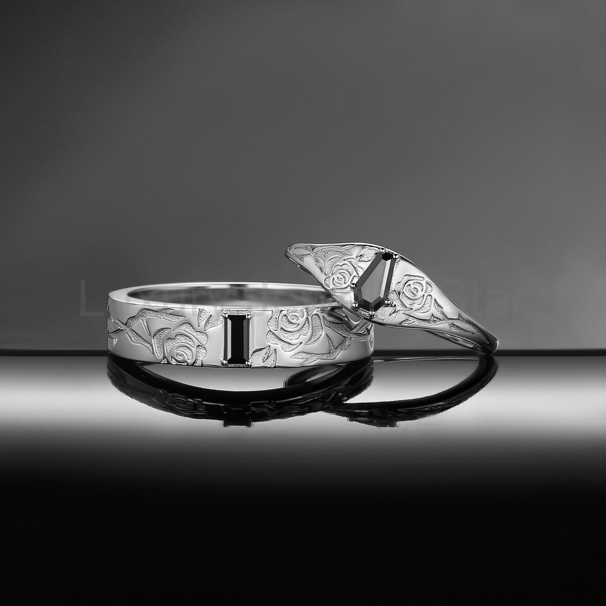 'Thorns & Roses'- Nature Inspired Gothic Coffin Cut & Rectangular Cut Black Moissanite - image 3