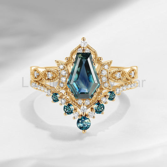 'Till Death Do Us Part' - Unique Coffin Cut Natural Teal Sapphire Crescent Moon Engagement Ring Set