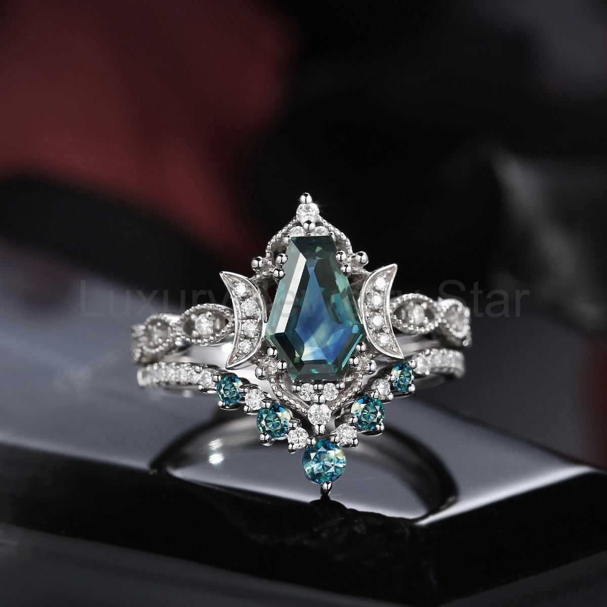'Till Death Do Us Part' - Unique Coffin Cut Natural Teal Sapphire Crescent Moon Engagement - image 3