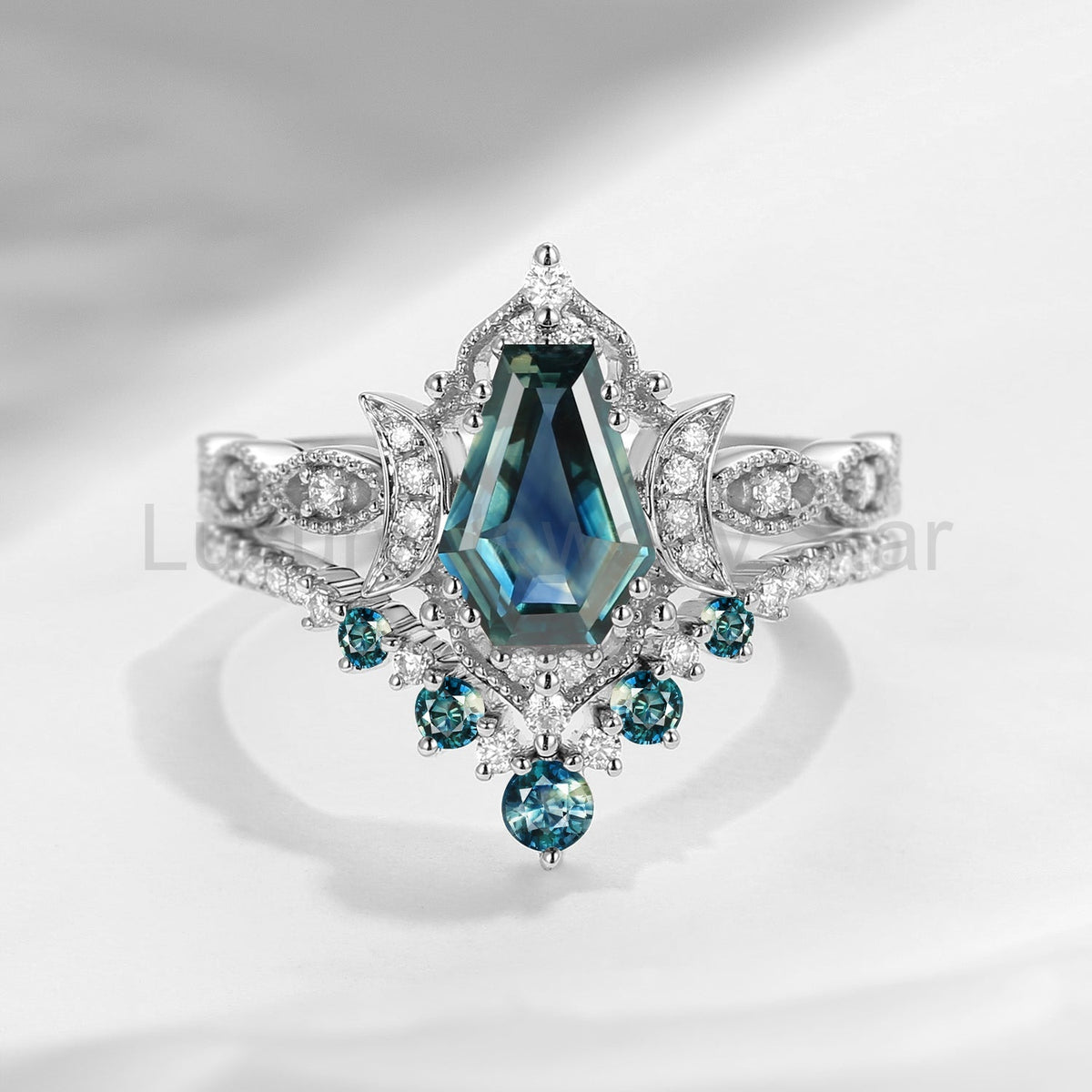 'Till Death Do Us Part' - Unique Coffin Cut Natural Teal Sapphire Crescent Moon Engagement - image 4