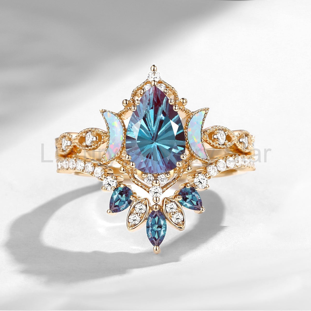 'Ultra Galaxy' - Firework Cut Pear Lab Alexandrite Engagement Ring Set - image 5