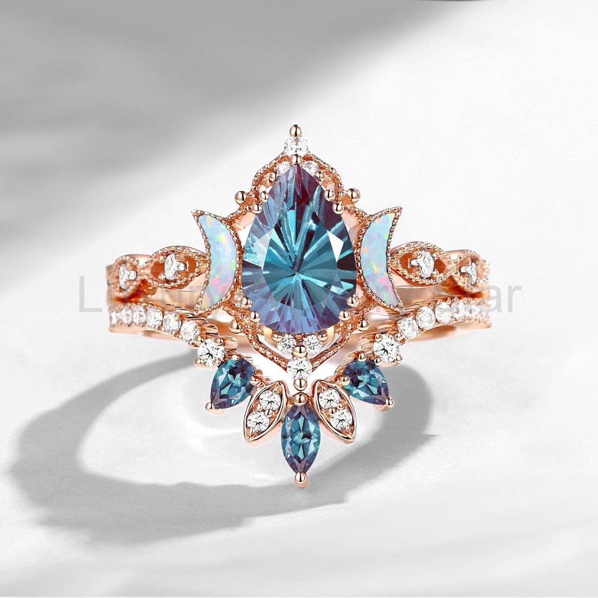'Ultra Galaxy' - Firework Cut Pear Lab Alexandrite Engagement Ring Set - image 6