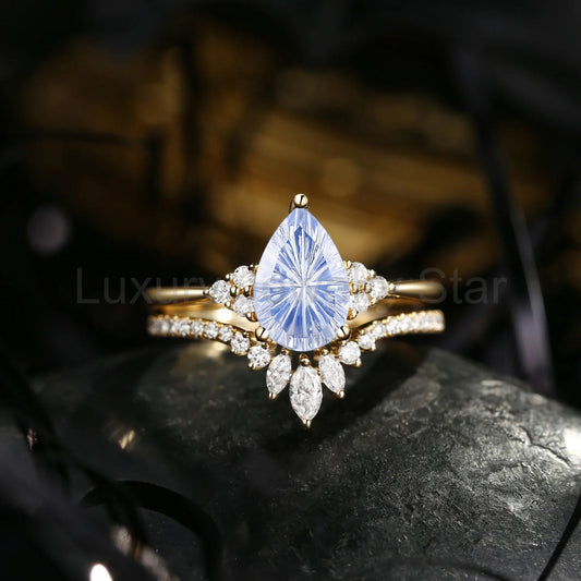 'Vivian' - 18K Fantasy Carved Pear Shaped Classic Cluster Lab Cornflower Sapphire Engagement Ring