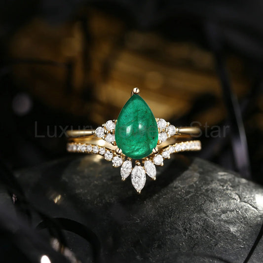 'Vivian' - Classic Style Pear Natural Emerald Cluster Engagement Ring Set - image 2