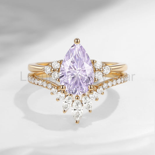 'Vivian' - Firework Cut Pear Lab Lavender Sapphire Cluster Engagement Ring Set - image 2