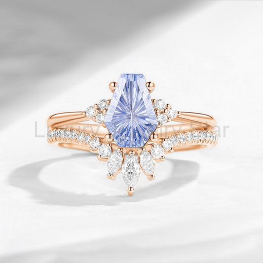 'White Dress' - Fantasy Carved Coffin Lab Cornflower Sapphire Engagement ring Set