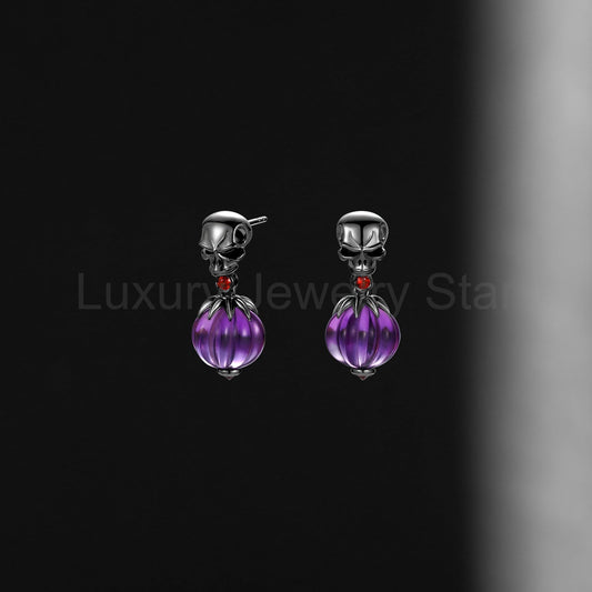 Amethyst Gemstone Jewelry Gothic Skull & Pumpkin Shaped Halloween Stud Earrings