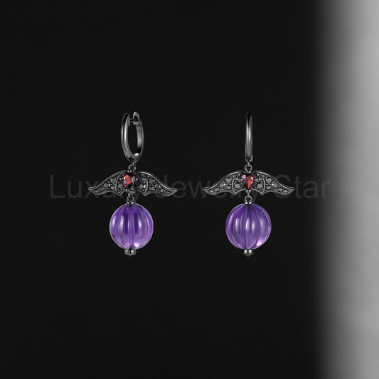 Amethyst Gothic Bat & Pumpkin Shaped Halloween Stud Earrings