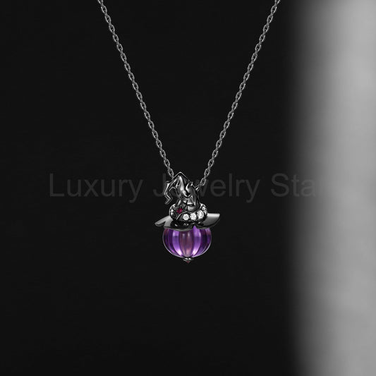 Amethyst Pumpkin Shaped Gemstone Pendant Necklace Halloween Gothic Jewelry - The Wicked Pumpkin