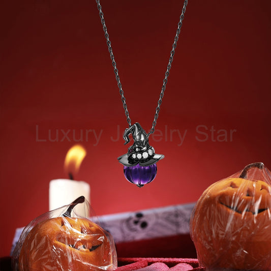 Amethyst Pumpkin Shaped Gemstone Pendant Necklace Halloween Gothic Jewelry - The Wicked - image 2